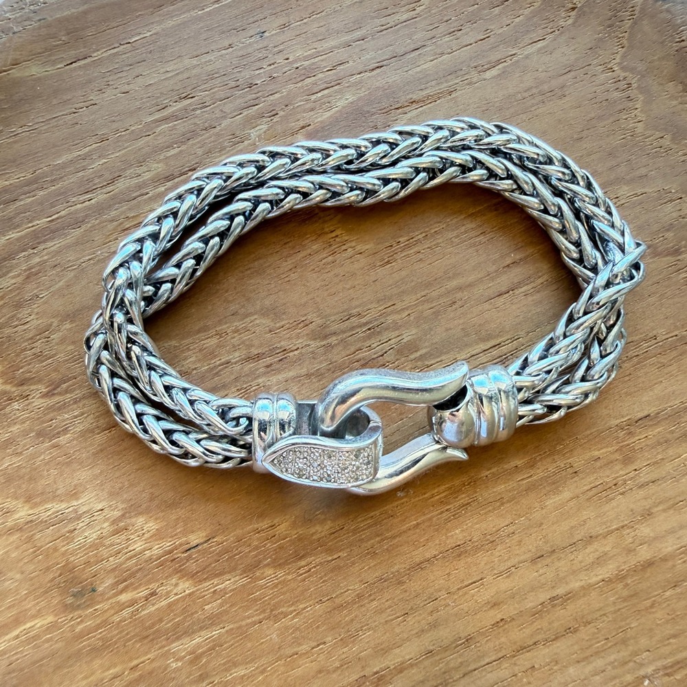 Silpada 925 Sterling Silver Double Strand Wheat Chain Pave Hook Bracelet